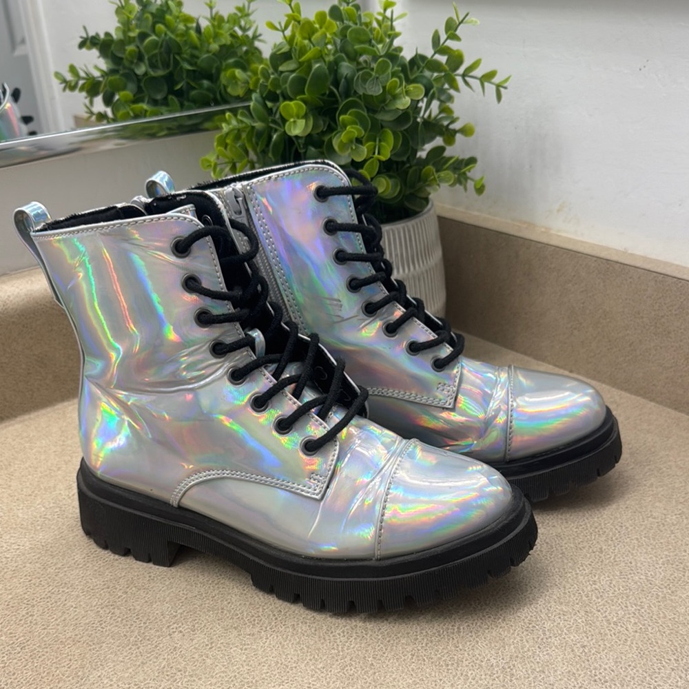 Silver Combat Moto Boots with Holographic Finish